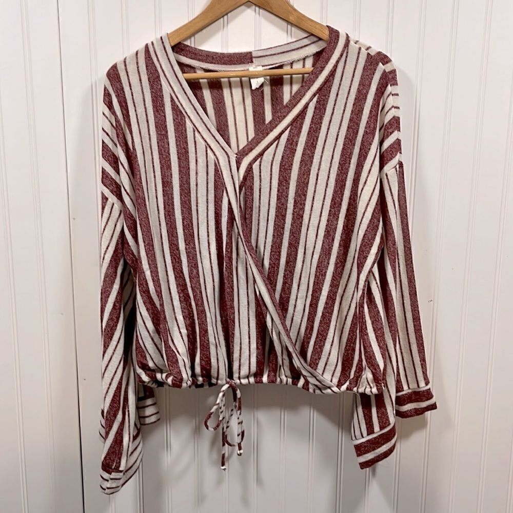 Lazy Sundays striped v-neck faux wrap bell sleeve blouse
